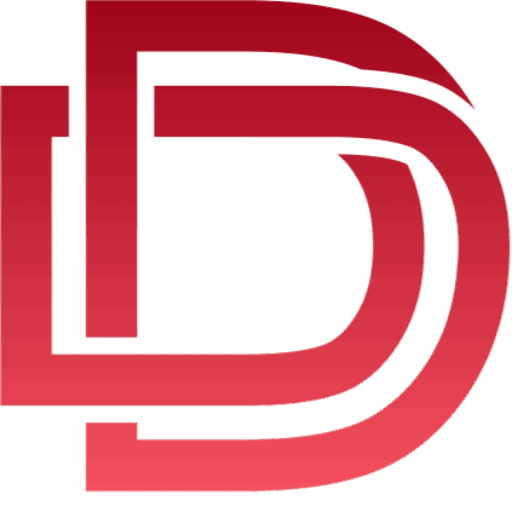 Stylized red logo combining letters D and L with a glossy finish.